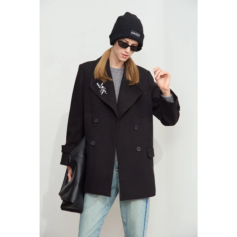 Amii Minimalist 2026 Winter Women Clothing Lapel Shoulder Pads Woolen Jackets Embroidery Loose Double-breasted Coat 12424083