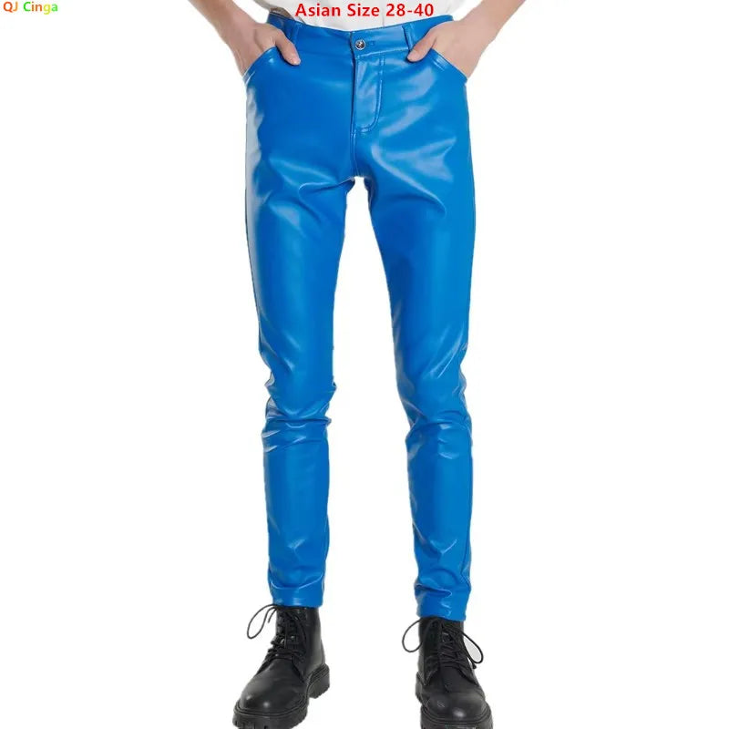 2026 Bright Green Men's Biker Leather Pants, Fashion Slim Stretch PU Pants Red Blue Black Gray Men Pant Plus Size 28-36 38 40