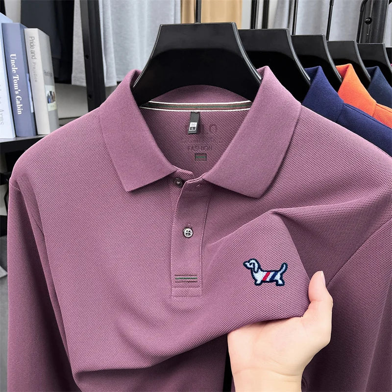 100% Cotton Men Long-Sleeve Polo Shirt Lapel Button Dog Embroidery Breathable Comfortable Autumn Winter Business Casual Menswear