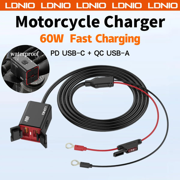 ឧបករណ៍សាកថ្មម៉ូតូ LDNIO USB លឿន 60W សម្រាប់ដៃចង្កូត រន្ធ USB ពីរ C UAB A កញ្ចក់មើលក្រោយ ឧបករណ៍ផ្គត់ផ្គង់ថាមពលការពារទឹក ជាមួយកុងតាក់