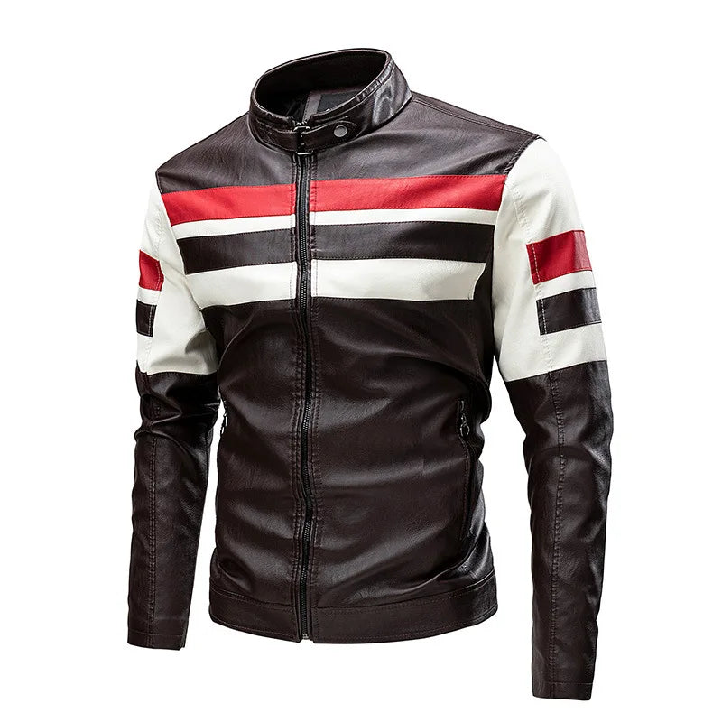 Autumn Men's Stand Collar Color-Block PU Jacket, Black Faux Leather Jackets, Spring Casual Coat. Asian Size Loose Fit Top.