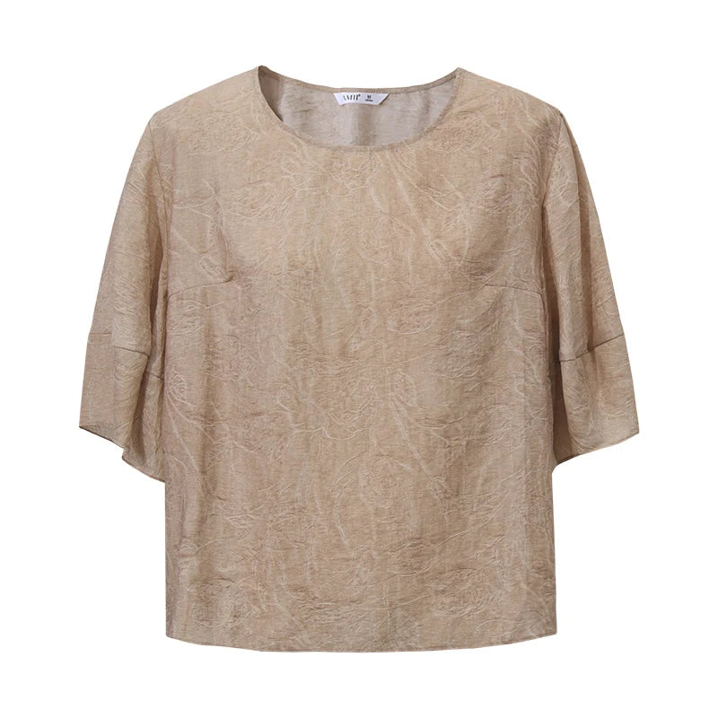 Amii Women's Blouse 2026 Summer New Round Neck Linen Blend Lantern Sleeve Top French Style Loose Casual Shirt For Women 12612036