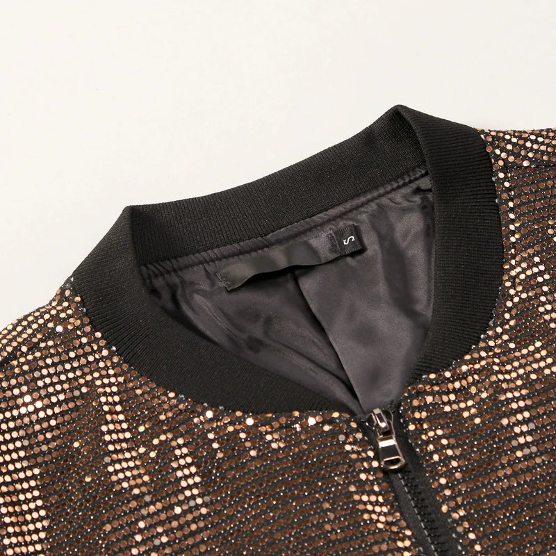 2026 Men's Gold Long Sleeve Jacket, Baseball Collar Zipper Control Switch Jackets,Round Metal Piece Decoration Top, Silver Coat