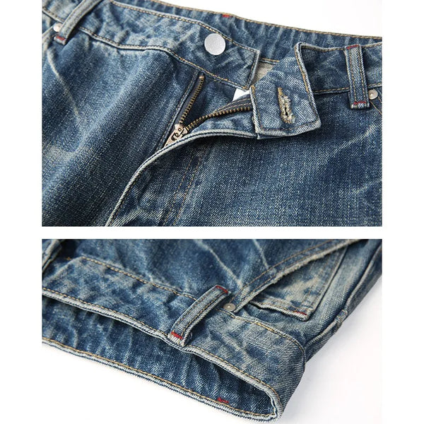 Men's Trendy Curved Hem Jeans – Unique Arc Shape Denim Pants with Splatter Paint Detail, Casual Loose Fit Streetwear (Blue)