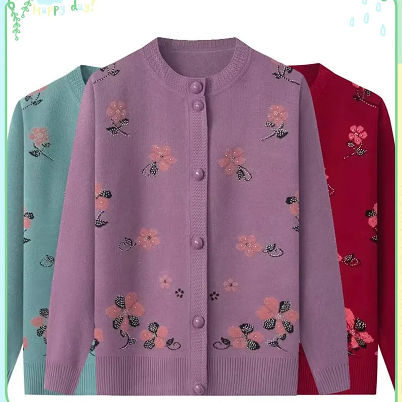 New Middle-Aged Women's Autumn Sweaters Cardigan Coat Female O-Neck Embroidered Knitting Sweater Mother Long Sleeve Tops
