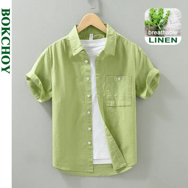 Summer New Fresh Breathable Cotton Linen Thin Short Sleeve Shirt for Men Slim Casual Solid Color Classic Shirt EC1249