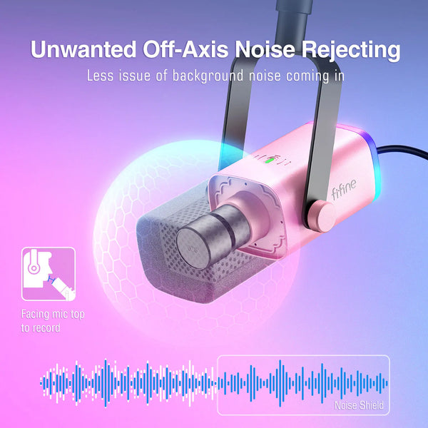 ឈុតមីក្រូហ្វូនឌីណាមិក FIFINE Gaming USB/XLR ជាមួយប៊ូតុង Gain/RGB/ម៉ូនីទ័រ, ឈុតមីក្រូហ្វូន Boom Arm សម្រាប់កុំព្យូទ័រ PS5/4 Mixer-AmpliGame ពណ៌ផ្កាឈូក AM8TP