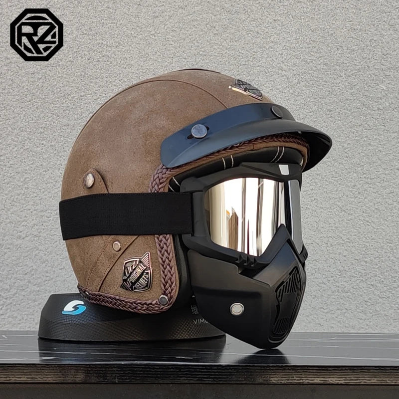 Vintage Leather 3/4 Jet Motorcycle Helmet, Handmade Leather Surface Adult Scooter Cruiser Riding Helmet Casque Moto