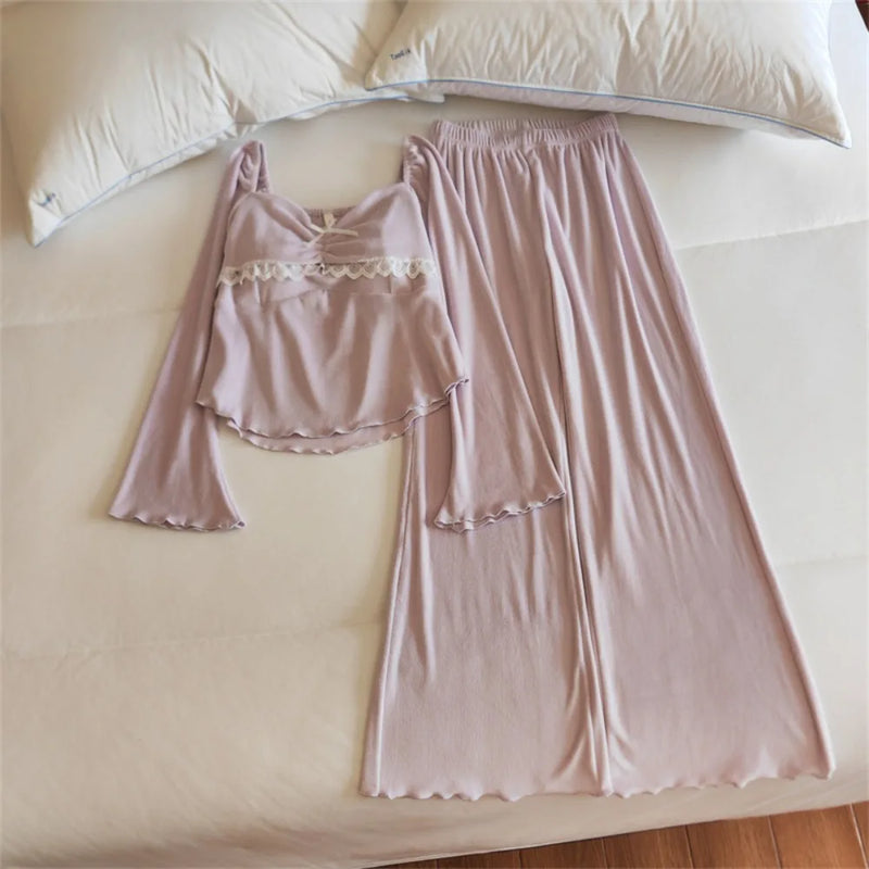 New Sleepwear Women's Spring/Autumn Chest Pad Pajama Long-Sleeved Top and Trousers Loungewear Set Nightwear for Woman Home Wear