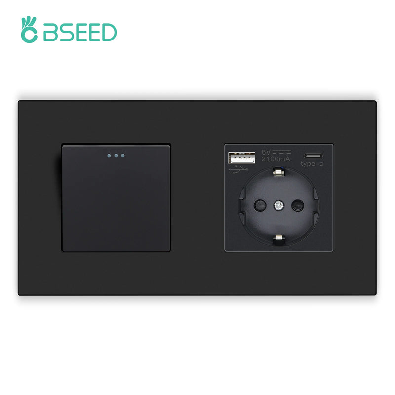 BSEED Mechanical Button Switches With Power Socket 1/2/3Gang 1Way Plastic Panel Electrical Outlets USB Type-C Wall Socket 16A