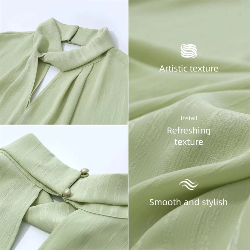 Amii Women's Blouse 2026 Summer New Twist Neck Cutout Jacquard Chiffon Top Elegant Office Flare Sleeve Shirt For Women 12622071