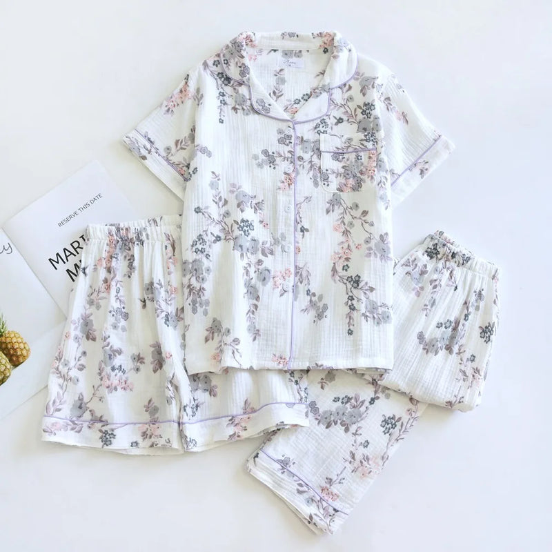 Women's Summer 3PCS Pajama Sets Lapel Short Sleeve Sleepwear Homewear Loungewear Cardigan Home Suit Pijama Night Wear Female