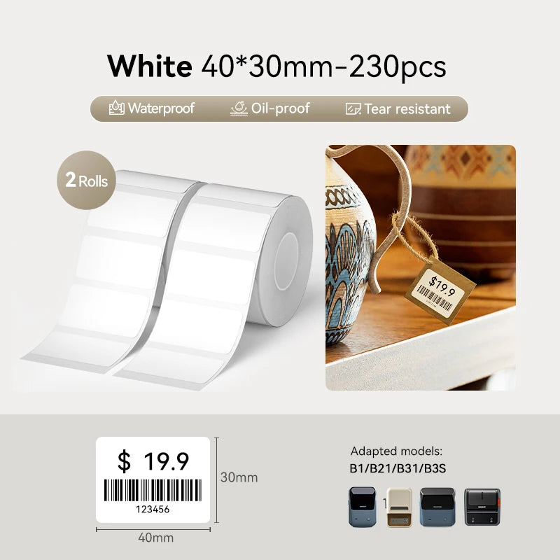2 Rolls NIIMBOT B1 B21 B3S Thermal Label Clothing Price Food Self-adhesive Tag Waterproof Office Pocket Printer Label Paper