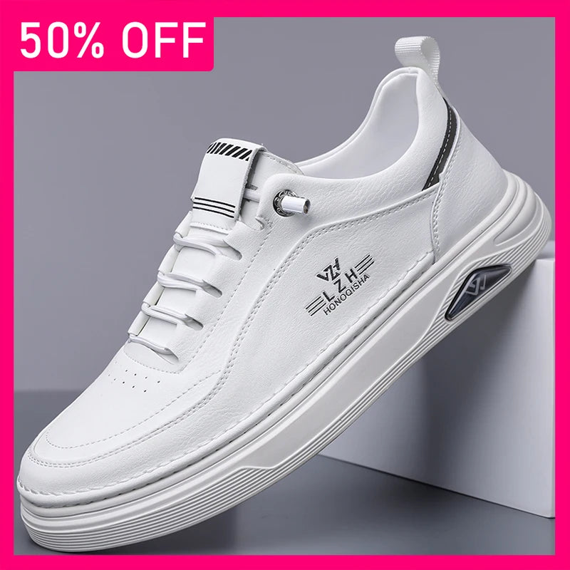Men Casual Shoes Anti Slip Thick Sole Comfortable Soft Leather Breathable Fashionable Versatile Lace Up Outdoor Walking Shoes