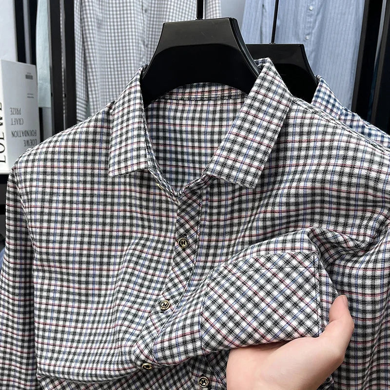 Men's Lapel Collar Plaid Shirt Long Sleeve Lightweight Fabric Breathable Casual Business Daily Wear Comfortable