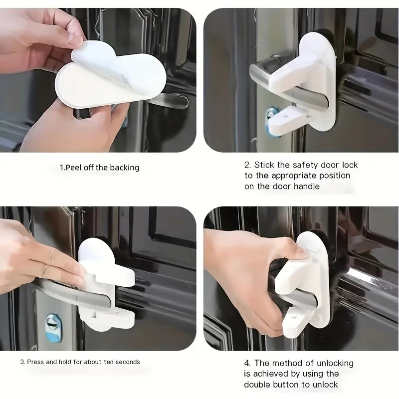 1pc Secure Guard Door Lever Lock - Easy-to-Install,No Tools Required,2 Button Push,90° Swivel Handle,Polished Metal Finish.
