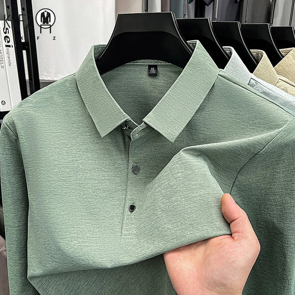 Mens Lapel Collar Long Sleeve Polo Top Heathered Texture Wrinkle Resistant Fabric Casual Office Matching Garment