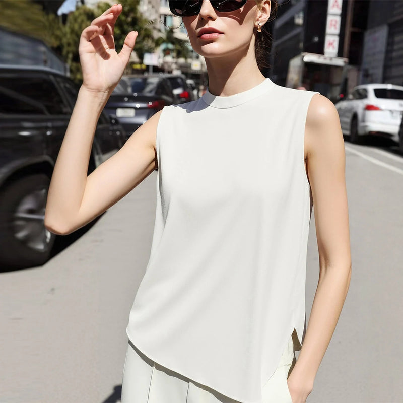Amii Mock Neck Women's Blouse 2026 Summer New Solid Color Asymmetric Slit Hem Shirt Casual Sleeveless Chiffon Top Women 12642104