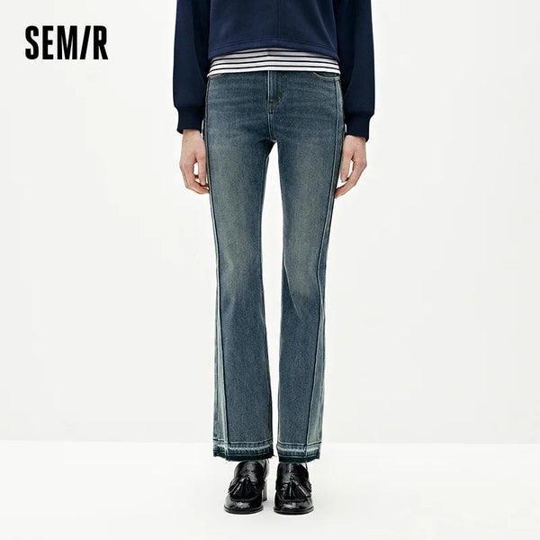 ខោខូវប៊យ Semir សម្រាប់នារី រាងស្លីម ជើងប៉ោង ពណ៌សុទ្ធ បើកគែមឆ្នាំ ២០២៦ ក្រណាត់ Denim រដូវរងា រចនាប័ទ្មប្រចាំថ្ងៃ ប្រវែងពេញ សមល្មម ផាសុកភាព