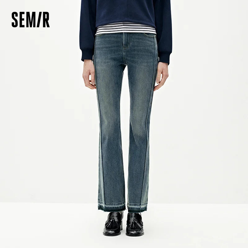 Semir Women Jeans Slim Fit Flared Leg Solid Color Open Hem 2026 Winter Denim Fabric Everyday Style Full Length Comfort Fit