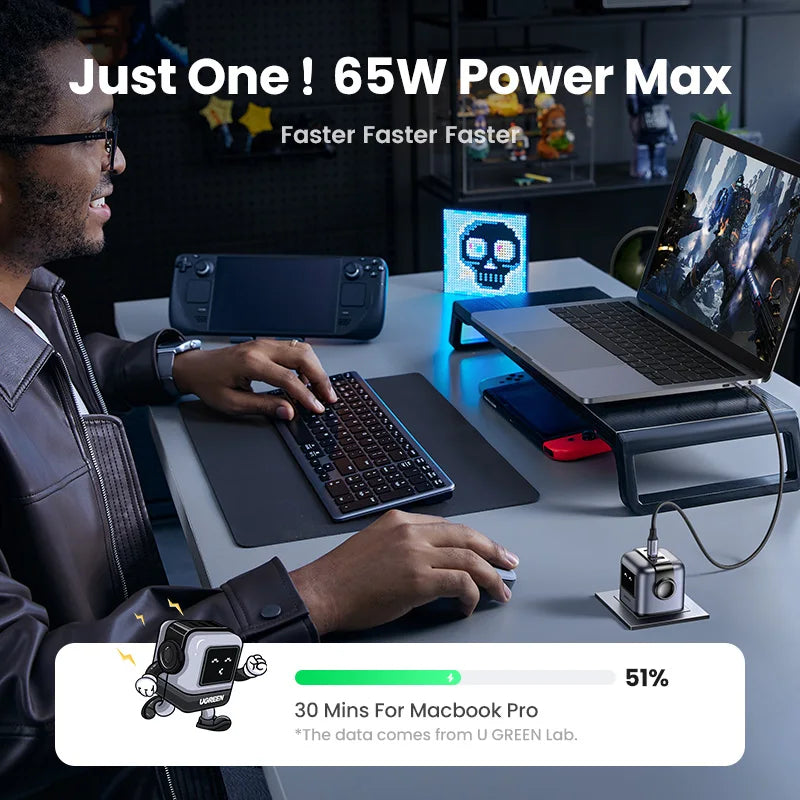 【UK Plug】UGREEN 65W GaN Charger Robot Design QC 4.0 3.0 PPS for iPhone 16 15 14 Pro Macbook Laptop Tablet PD 3.0 Fast Charger