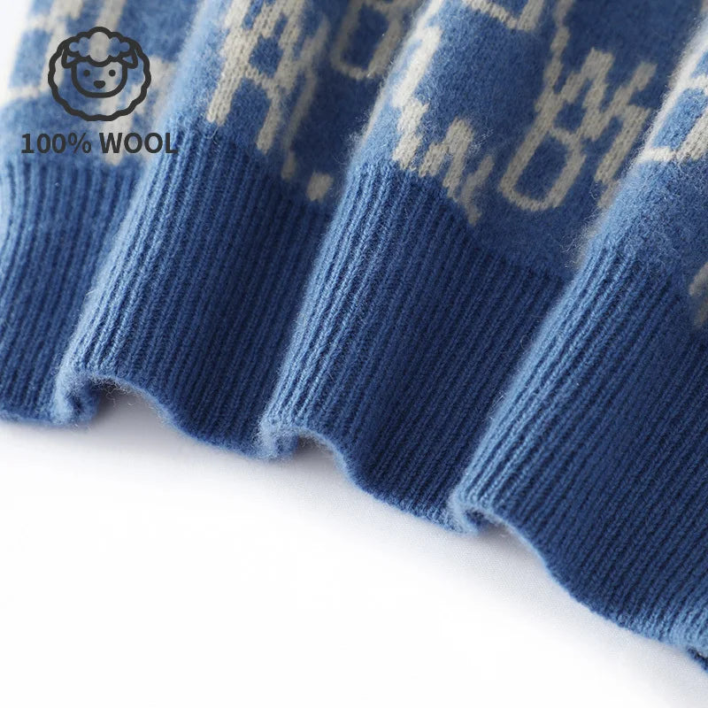 Unisex 100% Wool Sweater, Color Block Jacquard Round Neck, Loose Fit Winter New, High-end Fashionable Warm