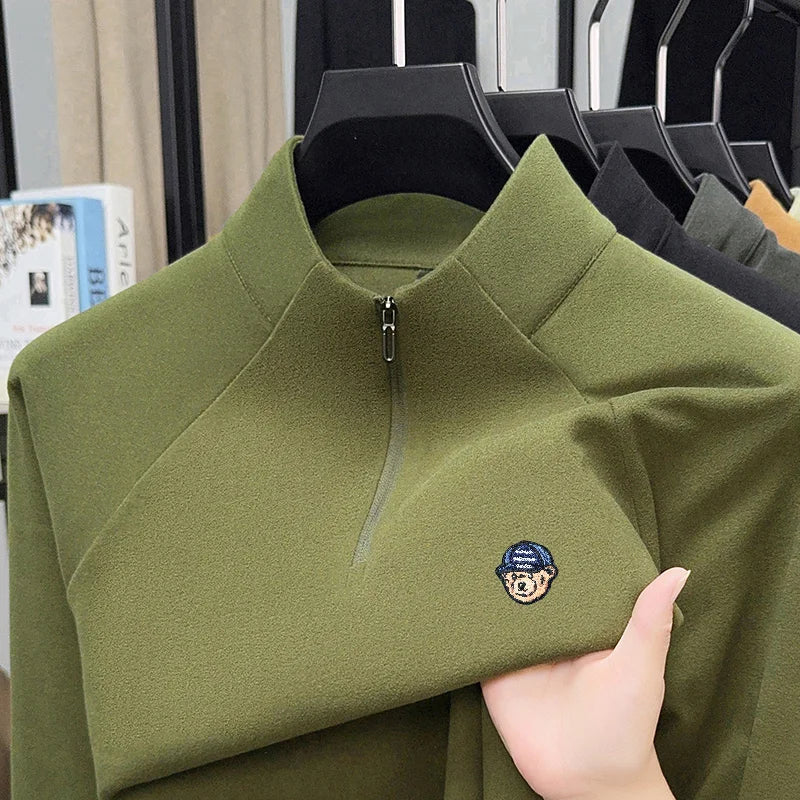 High-End Man Long-Sleeved T-Shirt Mock Neck Half-Zip Double-Faced Velvet Fleece Exquisite Embroidery Autumn Winter Leisure Tops