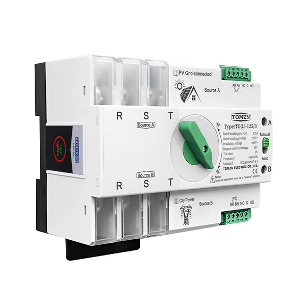 TOMZN 2P 3P 4P Din Rail ATS for PV and Inverter Dual Power Automatic Transfer Selector Switches Uninterrupted 63A 100A 125A