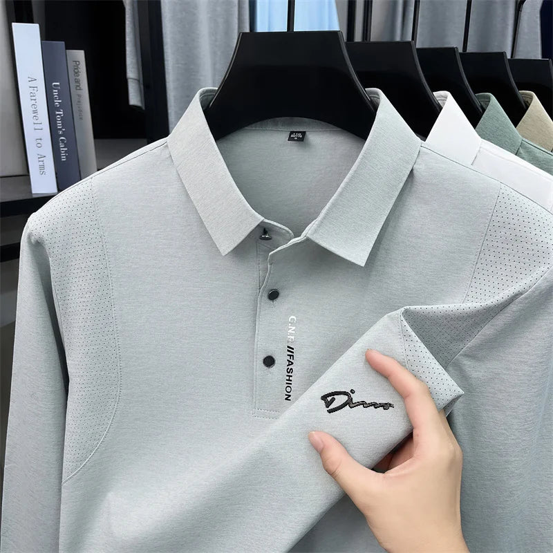 Luxury Men Long-Sleeve Polo Shirt Lapel Button Letter Print Breathable Autumn Winter New Leisure Sports Versatile Men's Clothing