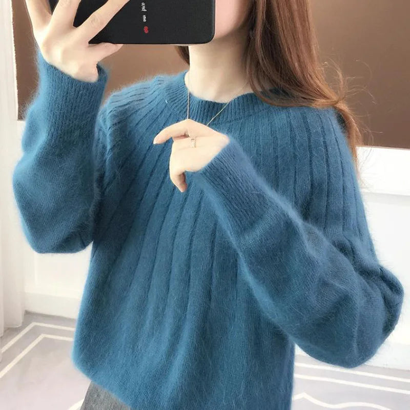 Vertical Strip Autumn Winter Lazy Wind Round Neck Pullover Women's Bottoming Shirt Loose Jumper Ladies Pull Knitted Sweater