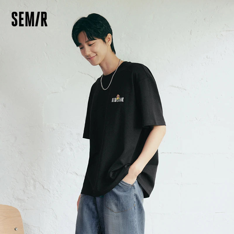 Semir Mens Tshirt 2026 American Graffiti Printed Embroidery Loose Crew Neck Knitted Casual Trendy