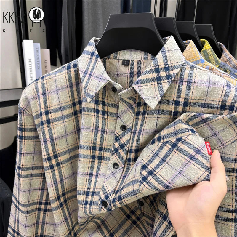Fashion Check Pattern Men Long Sleeve Shirt Classic Lapel Design Versatile Matching Layer Outfit Street Casual Shirt
