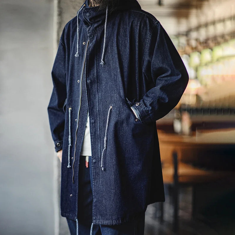 Maden Retro 10.2oz M51 Denim Jackets Fishtail Windbreaker Loose Mid-Length Solid Color Hooded Jackets for Men's Autumn Tops