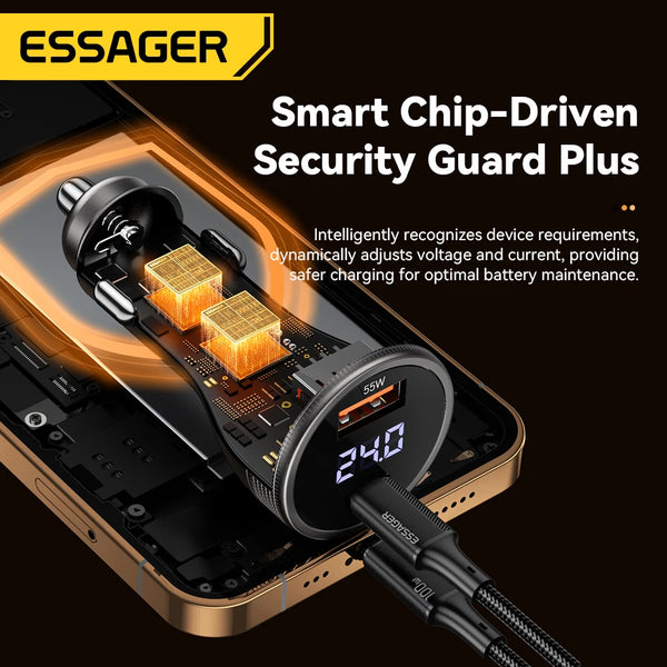 ឆ្នាំងសាករថយន្ត Essager 100W USB C PD3.0 សាកថ្មលឿន Quick Charge 4.0 Adapter សម្រាប់ iPhone 16 MacBook Xiaomi Laptop អេក្រង់ឌីជីថល
