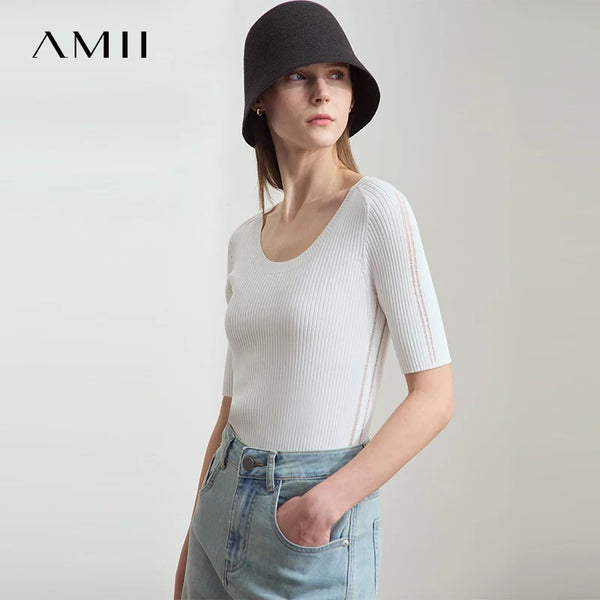 អាវខ្លី Amii សម្រាប់នារី រចនាបថថ្មី រដូវក្តៅ ឆ្នាំ២០២៦ សម្រាប់ធ្វើដំណើរ អាវប៉ាក់ករាងអក្សរ U មានប្រហោង ស្លីម ហ្វីត ដៃខ្លី 12522122