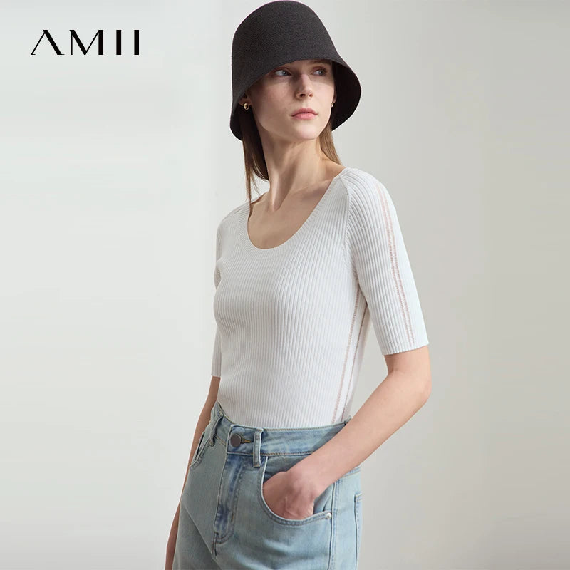 Amii Women's Top Minimalist 2026 Summer New Style Commuting U-Neck Hollowed Out Knitwear Slim Fit Slimming Short Sleeve 12522122