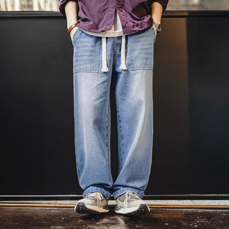 ខោខូវប៊យ Maden របស់បុរស Vintage Baker Jeans ខោ Denim លាងជើងធំទូលាយ ចង្កេះយឺត ខោរលុងសម្រាប់រដូវផ្ការីក រដូវស្លឹកឈើជ្រុះ