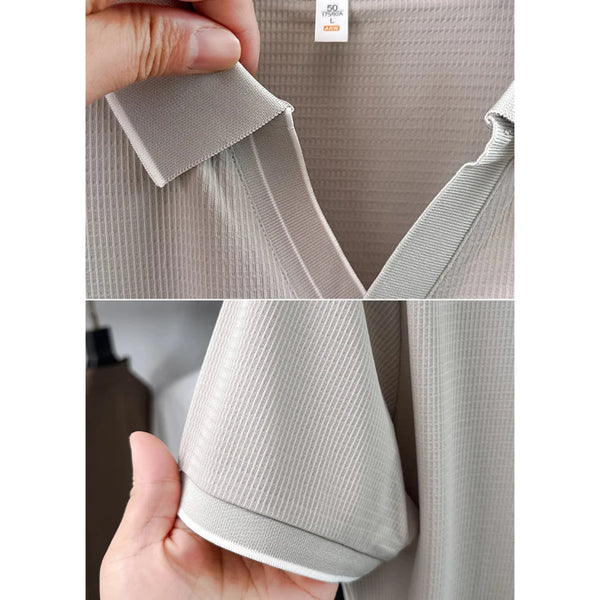 Men Summer Short Sleeve Polo Shirt Solid Color Casual Open Hem Collar Top Breathable Cool Feeling Tee