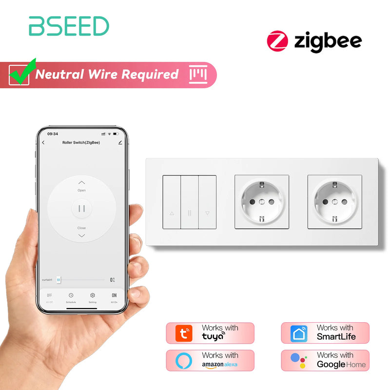 BSEED E Series Zigbee Shutter Switch Smart Click Button Switch for Blinds Plastic Frame Support Tuya Smart Life Alexa Control