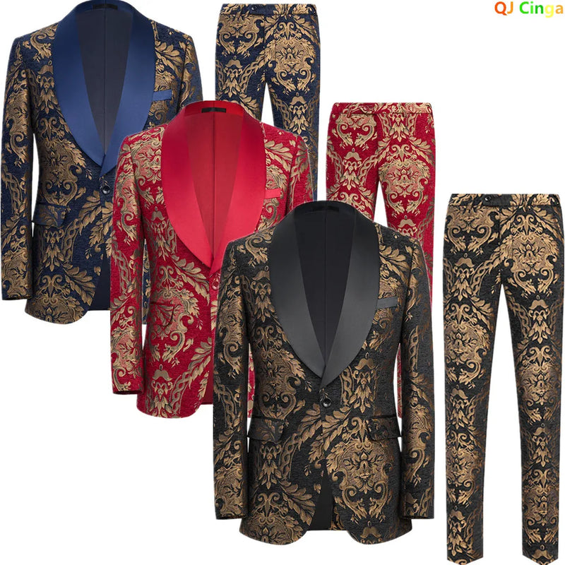 Luxurious Black Two-piece Men's Suit Set Featuring A Gold Jacquard Jacket and Trousers, Perfect for Weddings and Parties.