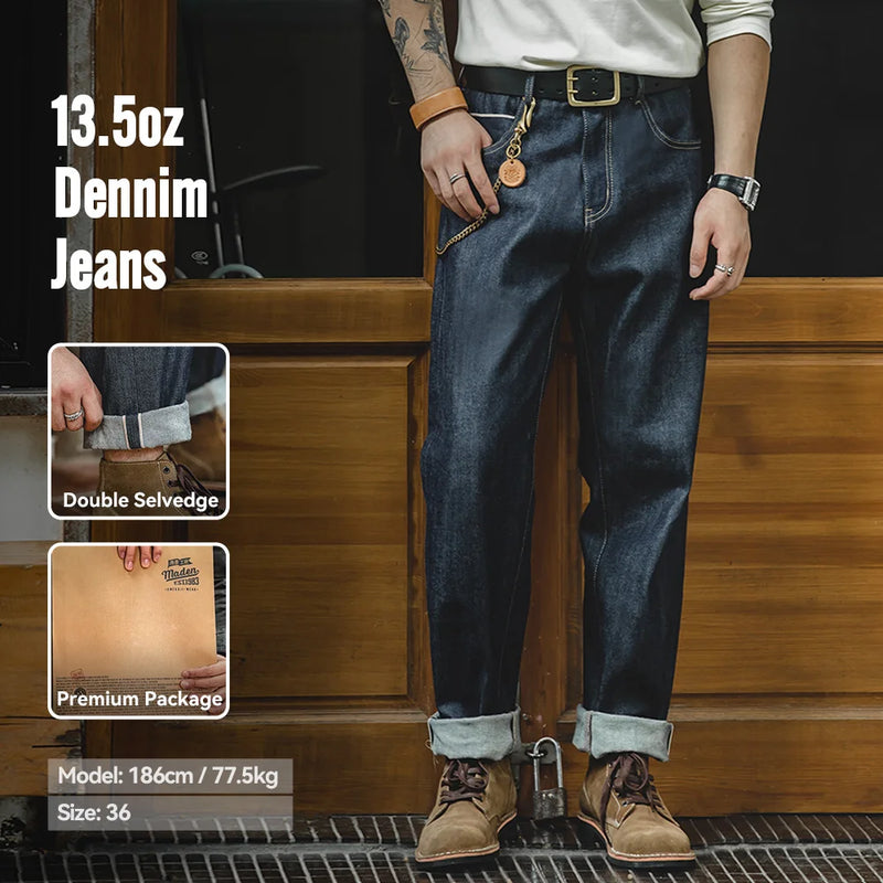 Maden Vintage 13.5oz Heavyweight Selvedge Raw Denim Jeans Men's Straight Fit Cotton Jeans Casual Pocket Trousers Fall Winter