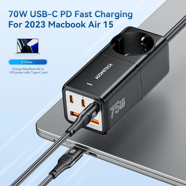 ឆ្នាំងសាកលឿន GaN Desktop 75W QC4.0 3.0 PD3.0 ស្ថានីយ៍សាកសម្រាប់ iPhone 14 13 Pro Max Xiaomi Samsung MacBook Laptop