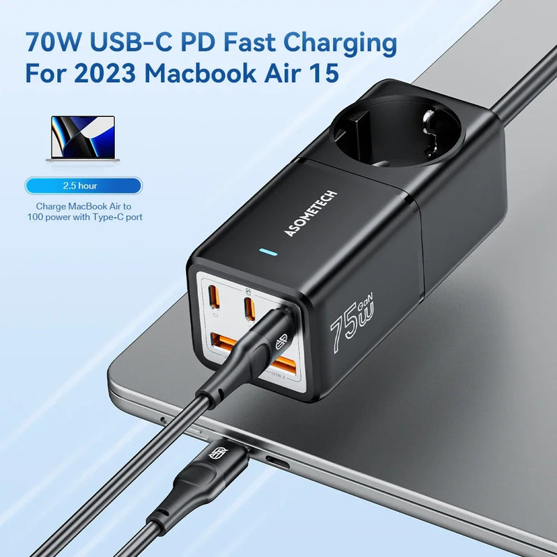 ឆ្នាំងសាកលឿន GaN Desktop 75W QC4.0 3.0 PD3.0 ស្ថានីយ៍សាកសម្រាប់ iPhone 14 13 Pro Max Xiaomi Samsung MacBook Laptop