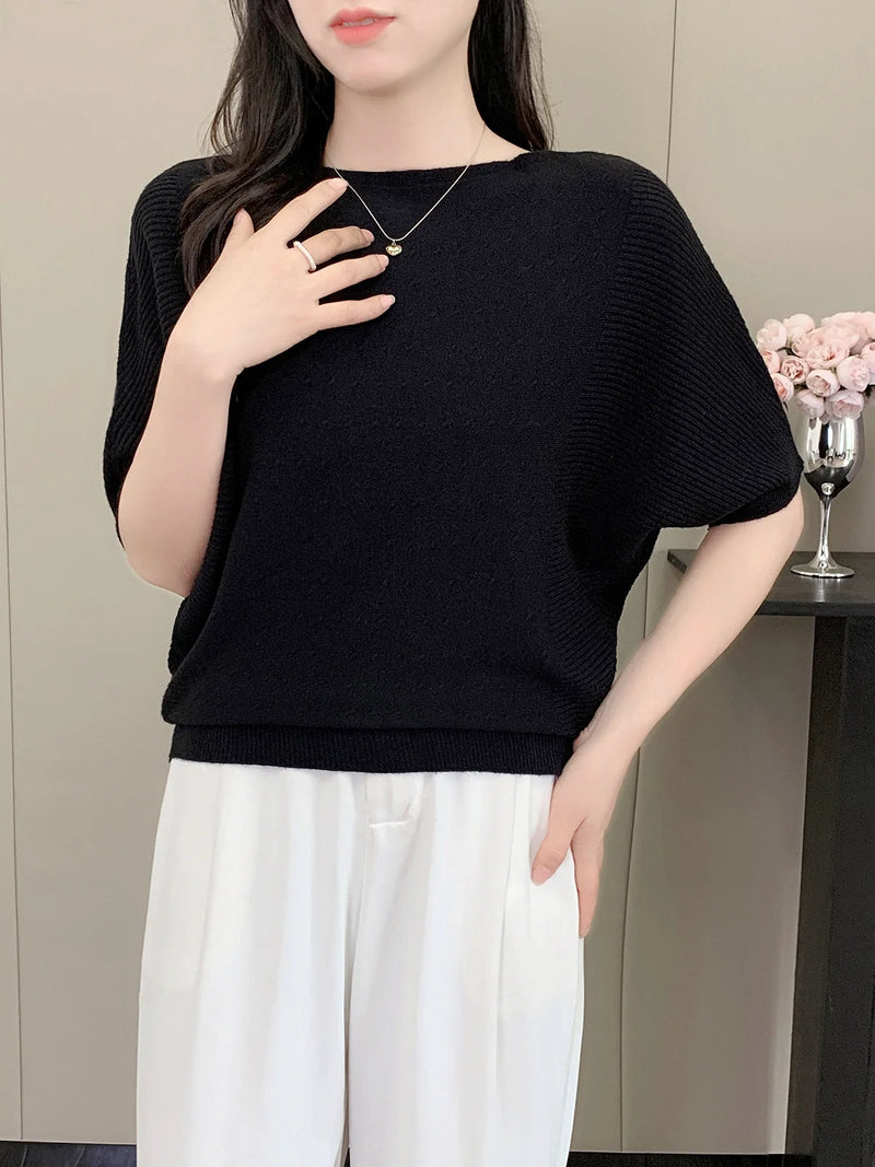 Bat-sleeved Knitted Sweater Women's One-word Collar Top Thin Spring Summer Pullover Shirt Ladies Jumper Pull Femme Knitwear