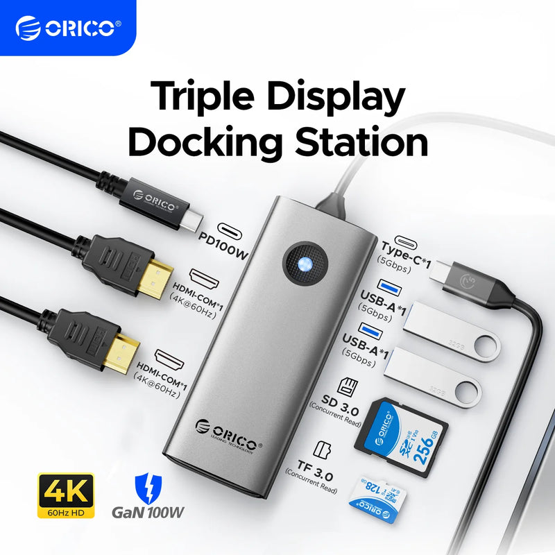 ORICO 8-in-1 USB 3.0 HUB Triple Display Expander Two HDMI-COM 4K60HZ PD100W Splitter Adapter for MacBook Laptop Docking Station