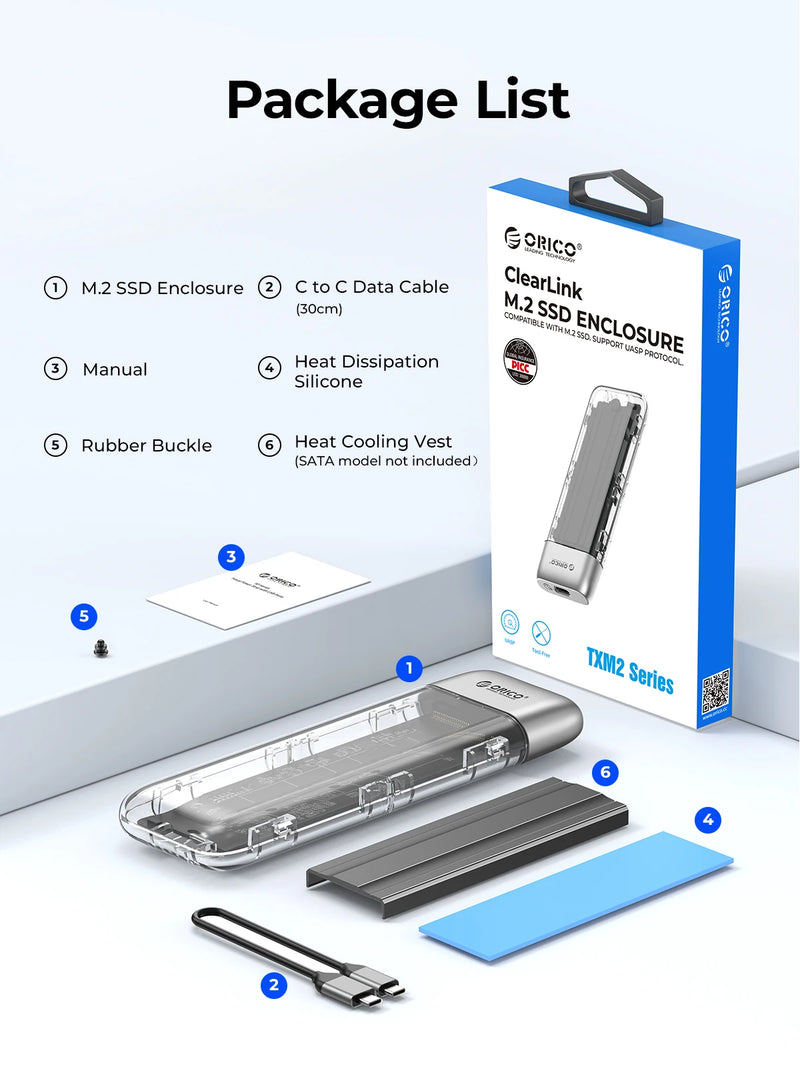 ORICO M.2 SSD Case NVME SATA SSD Enclosure Tool Free 10Gbps M.2 to USB Type C Transparent External Adapter Portable