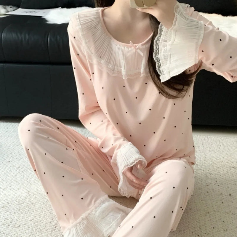 Pajama Nightwear for Woman Home Wear New Spring Autumn Sleepwear Ladies Casual Long-Sleeved Trousers Loungewear Suit Homewear