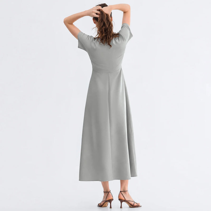 Amii Women's Dress 2026 Summer New Short Sleeve V-Neck Shirred Fitted Waist Midi Dress Holiday Casual Woman Clothes 12622204