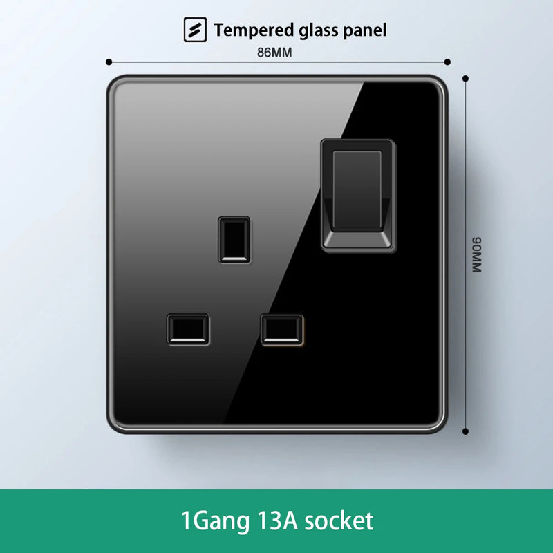Luxury All Tempered Glass Wall Light Switch Button Black UK Plug 13A Universal Wall Socket with Usb ,220V1gang2way Speed Switch