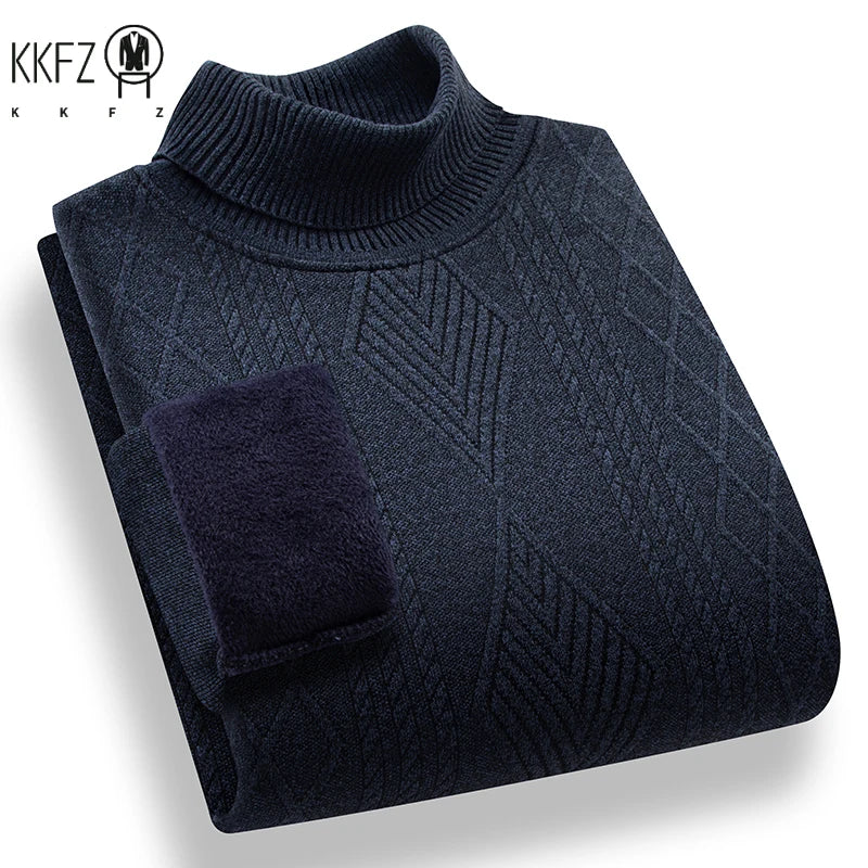 Stretch Turtleneck Male Knitted Pullover Embossed Twist Rhombus Pattern Fleece Lined Cold Proof Casual Long Sleeve Top